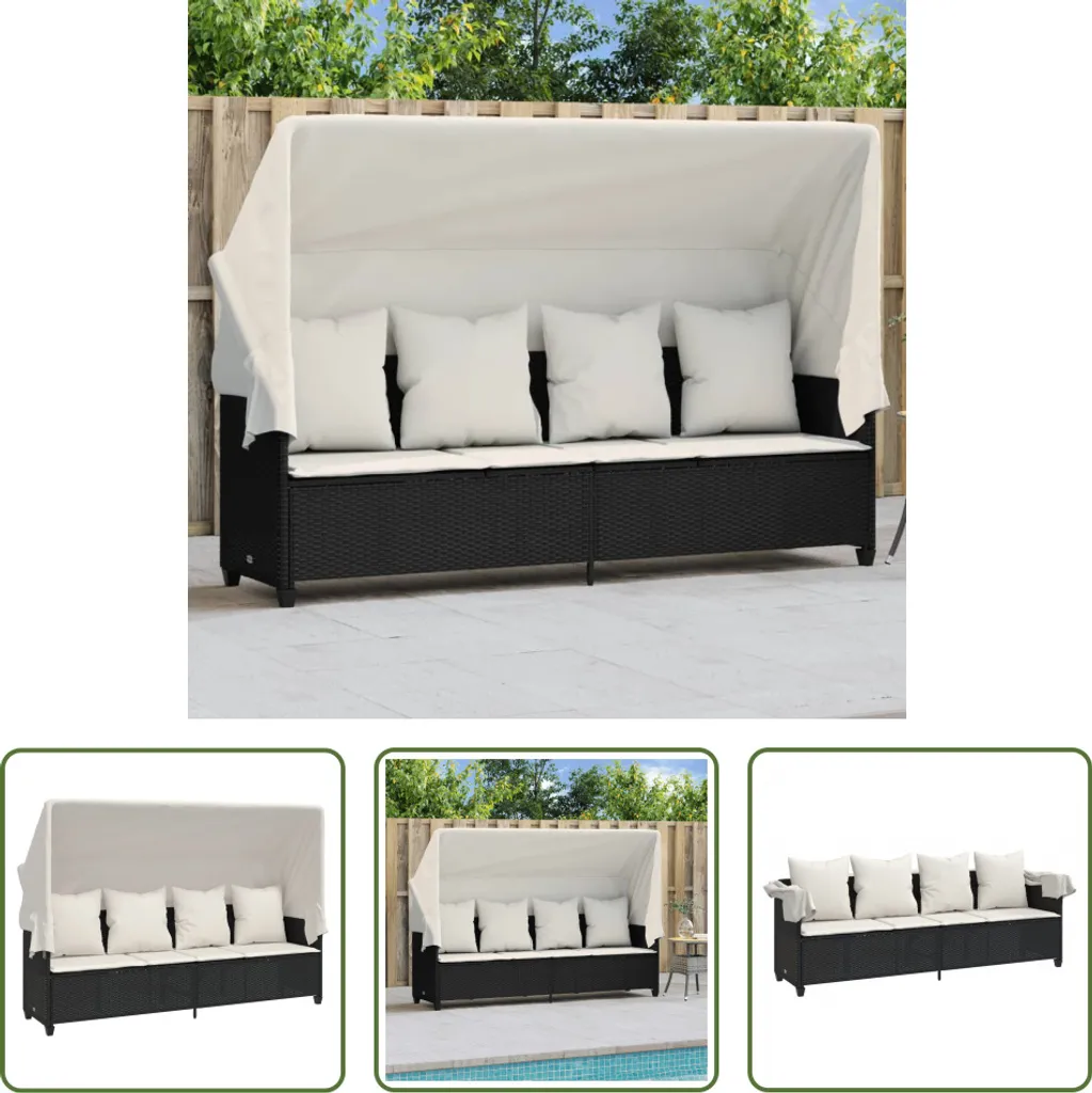 Bain de Soleil Noir Poly Rattan avec Toit Escamotable et Coussins Doux