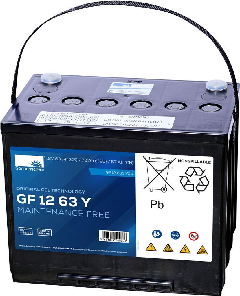 A black battery with a blue label and white text, set against a white background.
