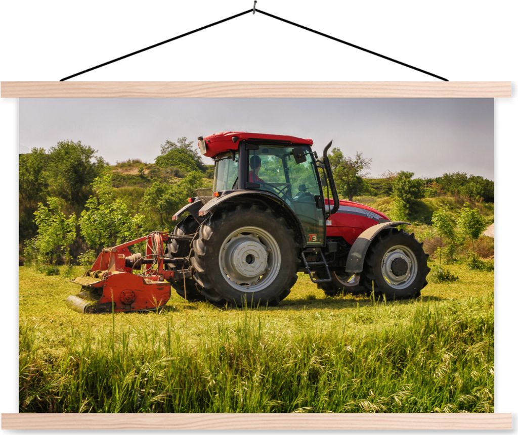MuchoWow Textilposter Traktor - Rot - Natur - Grün - Landleben 150x100 cm mit holzfarbenen Rahmen - Posters