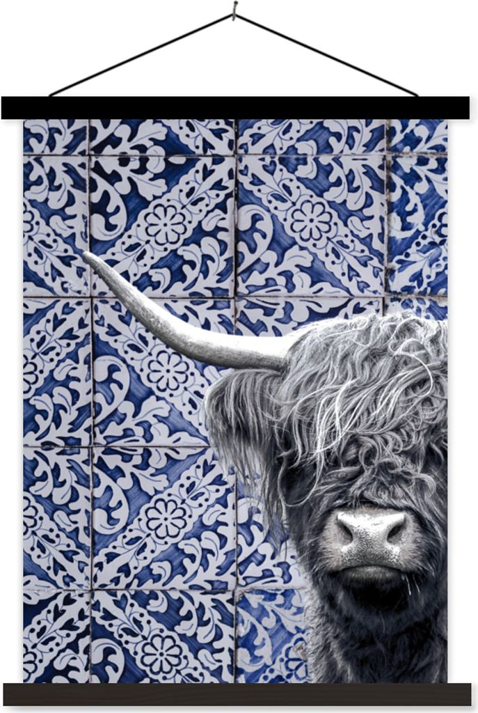 MuchoWow Textilposter Schottisches Hochlandrind - Delfter Blau - Schwarz - Weiß 60x80 cm mit schwarzem Rahmen - Plakathalter