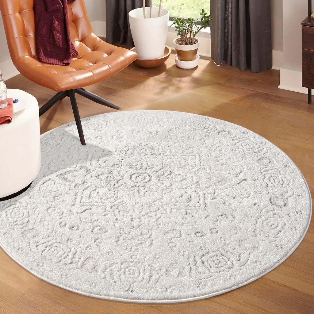 Kurzflor Teppich Creme - 120 cm Rund - Wohnzimmer-Teppiche 3D-Effekt - Ornamente