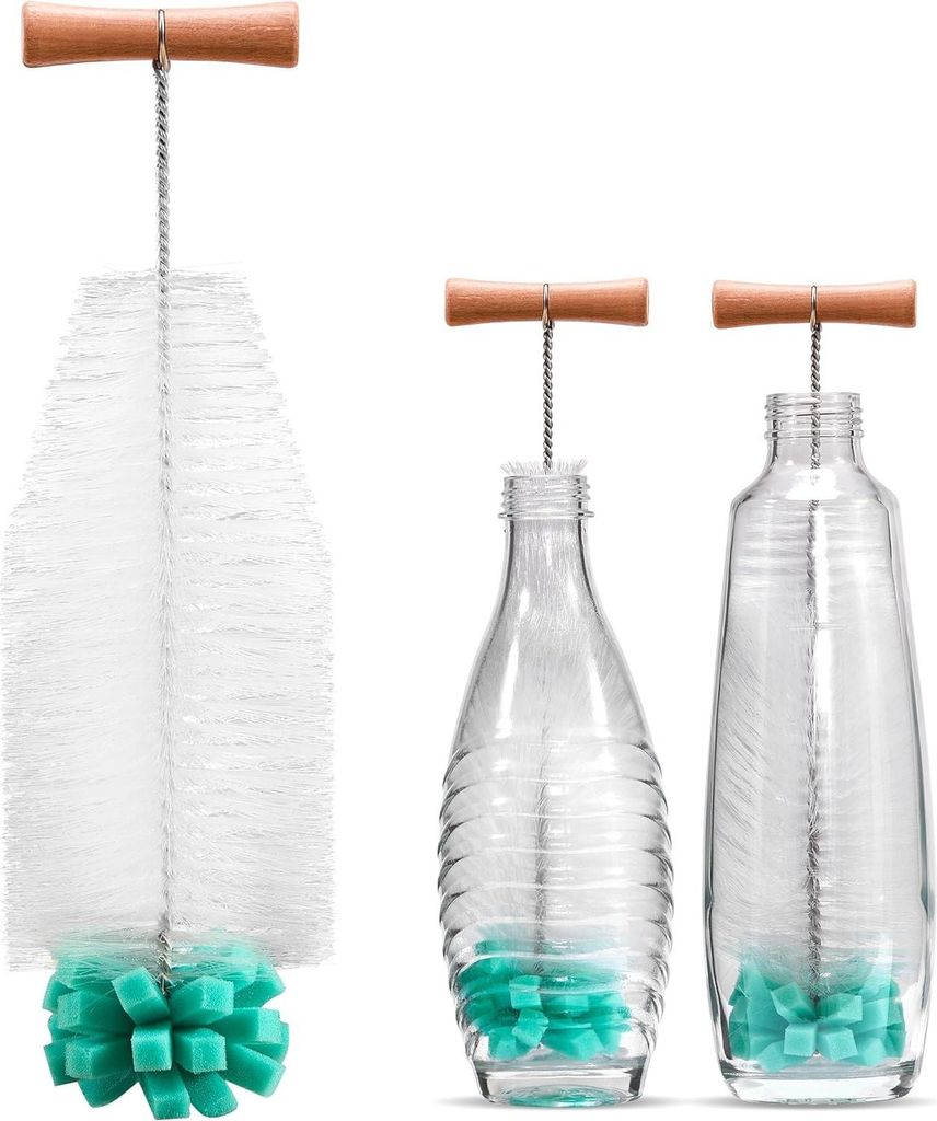 Die 35 cm Bürste mit Ergonomischem Griff, Weißen Borsten & Grünem Schwamm – ideal für Sodastream-Glas- und Duo-Kunststoffflaschen. Reinigt kr...