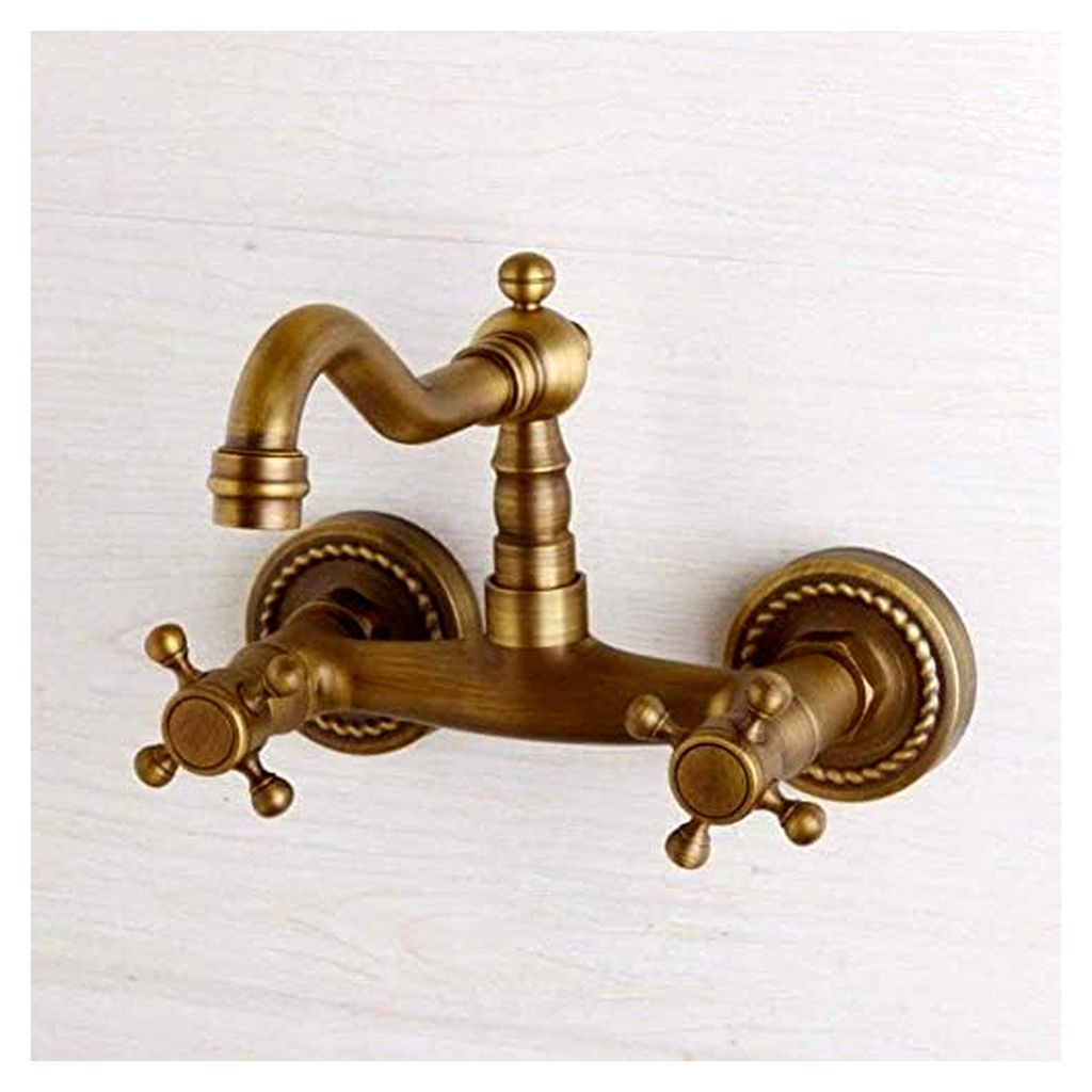 Küchenarmaturen Wasserhahn, antikes Messing, massive Messinghähne, 2 Kreuzgriffe, römischer Retro-Heiß-Kalt-Badezimmer-Wasserhahn, Wand-Waschbe...
