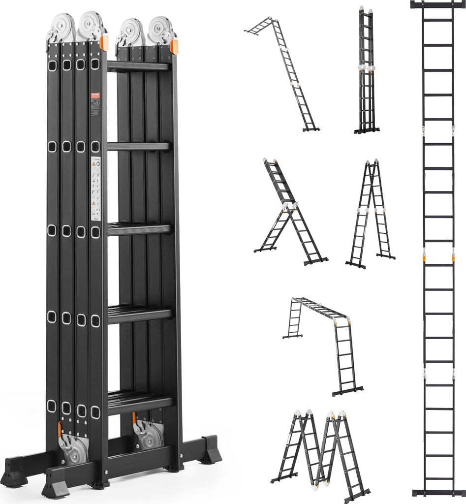 A collage of different ladder configurations, with a main product image of a folded multi-functional ladder.