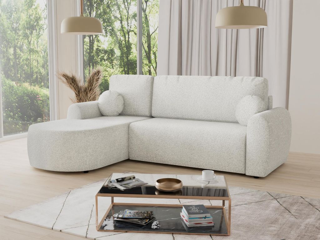 Ecksofa Jazz mit Schlaffunktion und Bettkasten - Bouclé-Stoff - L-Form Couch, Polstersofa, Schlafsofa, Sofagarnitur, Bettsofa (Weiß (Coral 70), E...