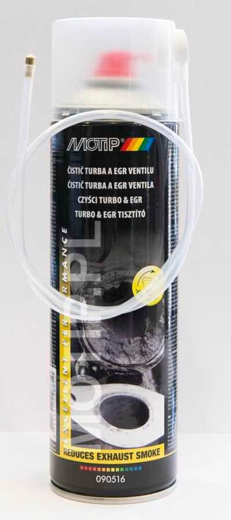 A can of MOTIP Turbo and EGR cleaner with an attached tube.