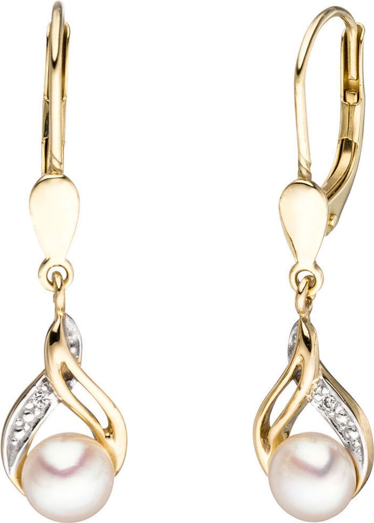 Boutons Ohrringe Ohrhänger Perlen & Diamanten & 585 Gold Gelbgold Damen