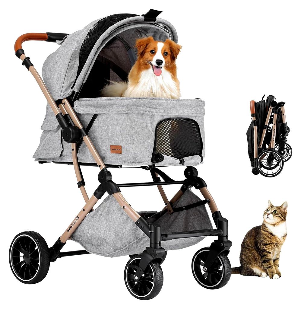 Ein-Knopf-Falt Hundewagen, Hundebuggy bis 20 kg für kleine und mittelgroße Hunde sowie Katzen, mit umkehrbarem Griff, Stoßdämpfung und abnehmba...
