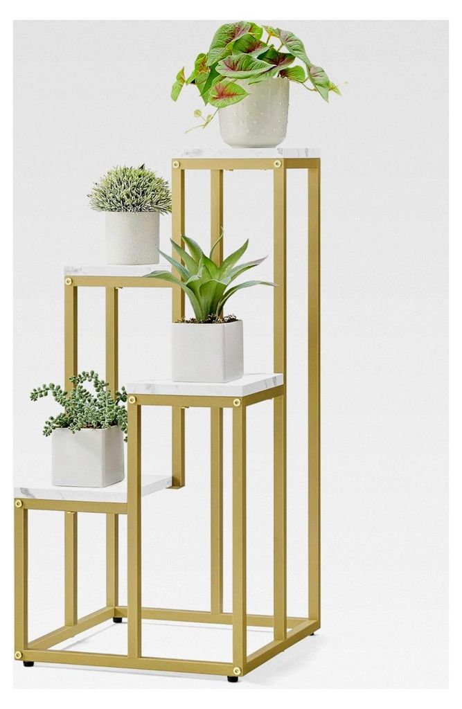 Blumentopfregal mit 4 Ebenen in Marmor und goldenen Beinen für Wohnzimmer, Schlafzimmer, Flur oder Büro im Loft-Stil