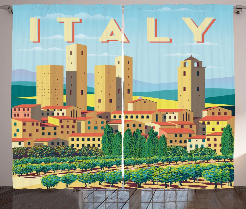 Paire de Rideaux de Salon Paysage Italien Rustique en Tissu 280x225cm