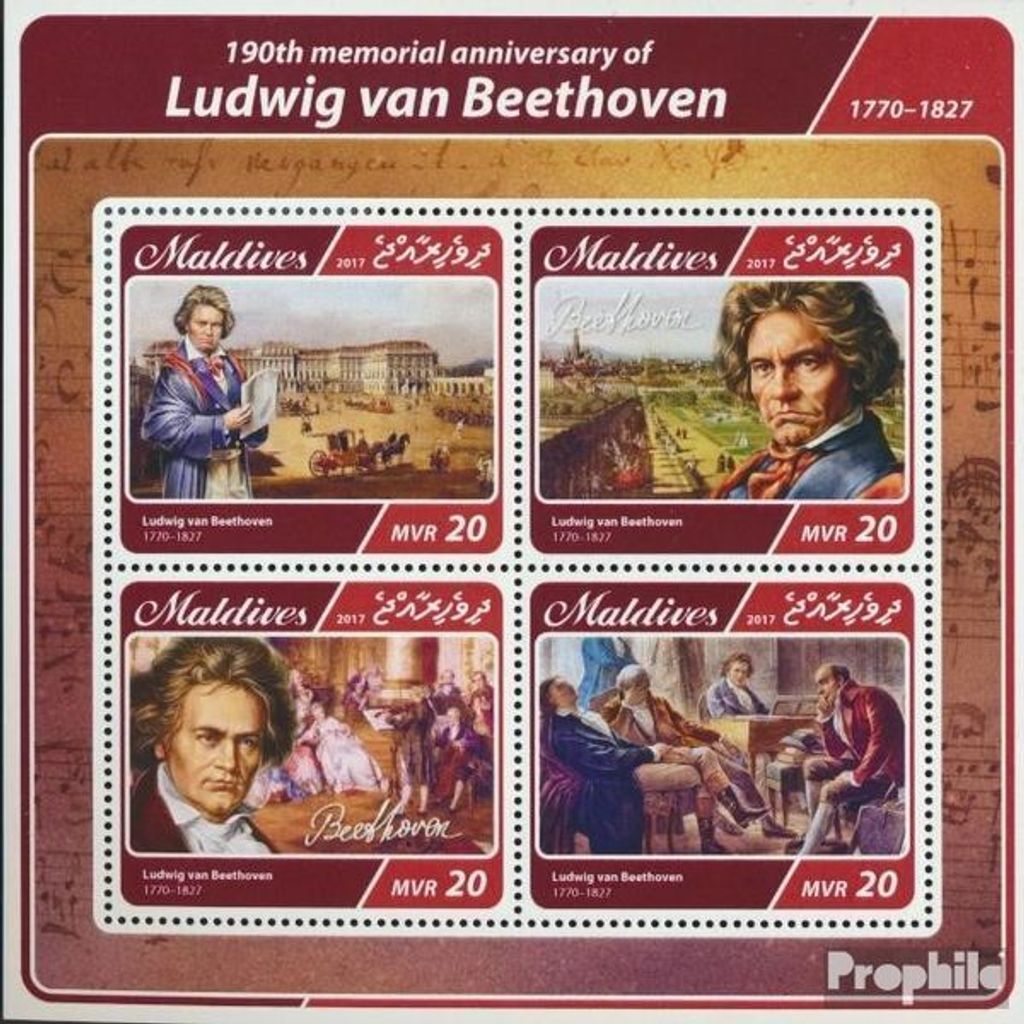 Briefmarken Malediven 2017 Mi 6888-6891 Kleinbogen (kompl. Ausg.) postfrisch Ludwig van Beethoven