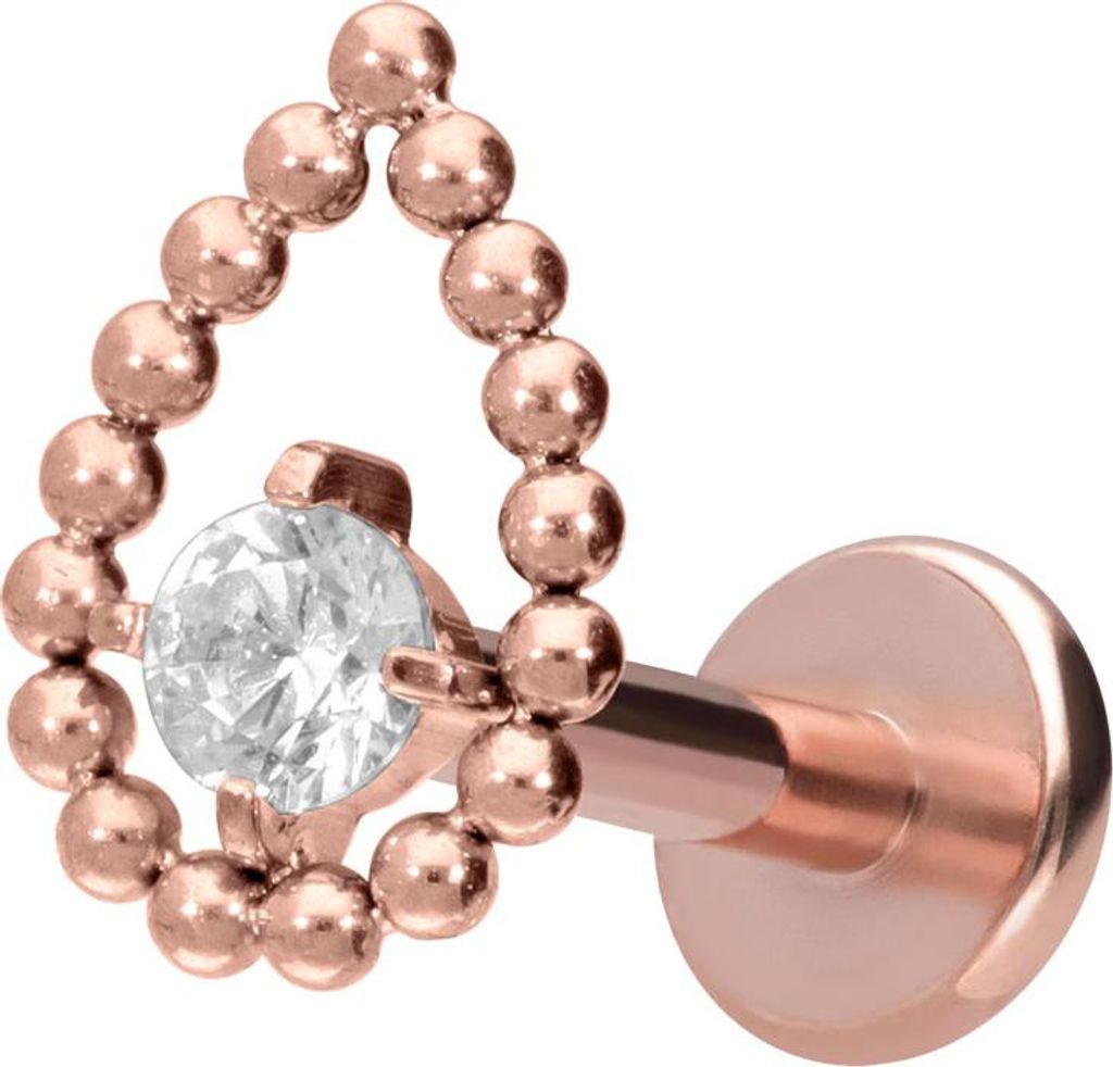 Ohrpiercing, Nasenpiercing Titan Labret mit Innengewinde TROPFEN + KRISTALL RoséGold Stablänge: 10mm | Stabstärke: 1,2mm