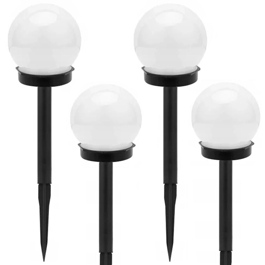 Four white globe solar garden lights on black stakes against a white background.