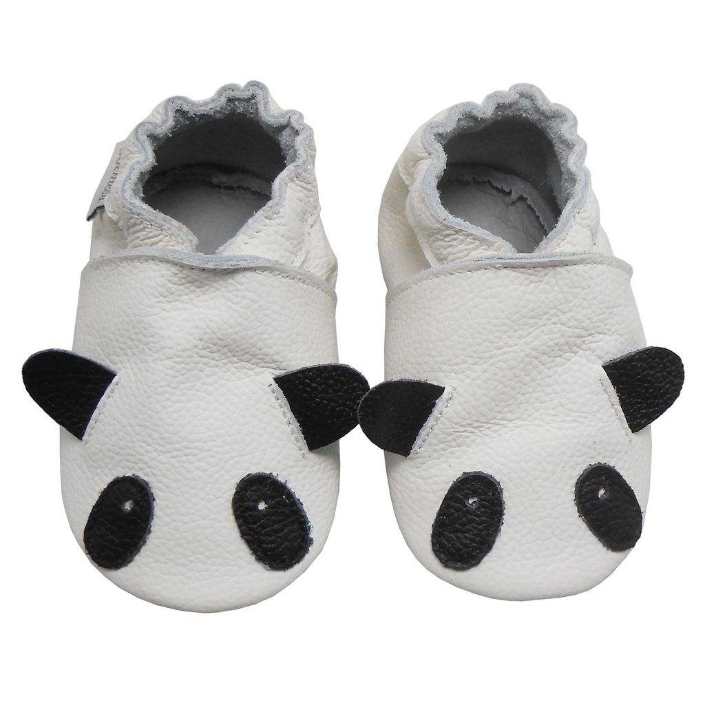 BEMUSE Baby Krabbelschuhe aus Echtleder, weiche Lauflernschuhe für Mädchen & Jungen, rutschfeste Ledersohle, Weiß, Pandamotiv, Größe S (0–...