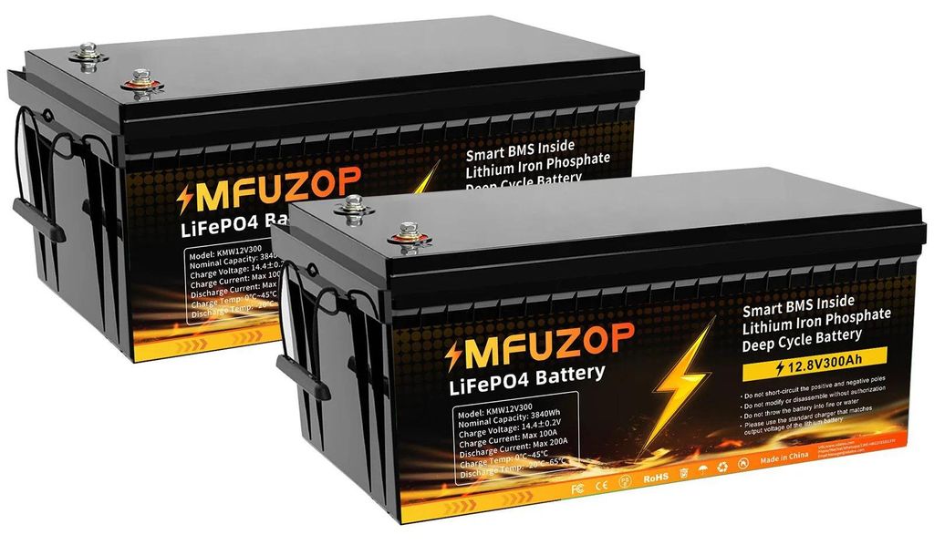 LiFePO4 Lithium-Batterie - 12V 300Ah 2er-Set - 3840Wh - Integriertes 200A BMS - 240A Max. Entladung - Serien-/Parallelschaltung
