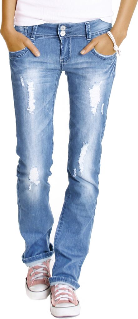 BE STYLED Damen Hüftjeans destroyed Bootcut Jeans Hose Vintage Look zerrissen, 40 / L