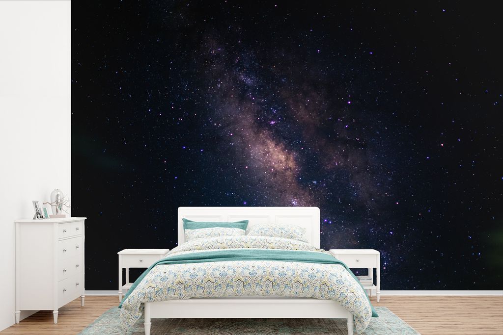 MuchoWow Fototapete für Wohnzimmer oder Schlafzimmer Wandtapete Vinyl Motivtapete Sterne - Sternenhimmel - Violett - 420x280 cm - Zimmer für Ki...