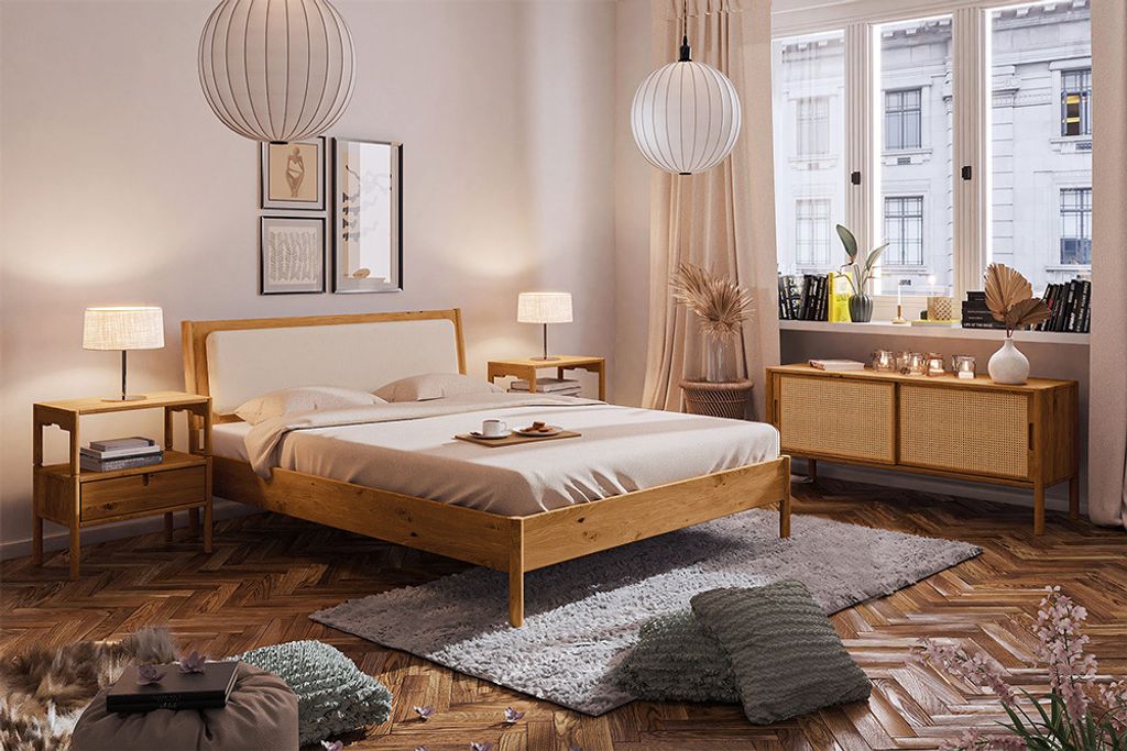 Schlafzimmer Set 4-teilig PORI-165 mit Bett 180x200 in Wildeiche massiv geölt mit Polsterkopfteil
