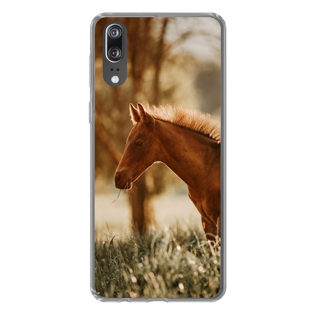 MuchoWow Handyhülle Schutzhülle Hülle für Huawei P20 Pferd - Licht - Wiese Silikon Softcase Handy Hülle - Hardcover
