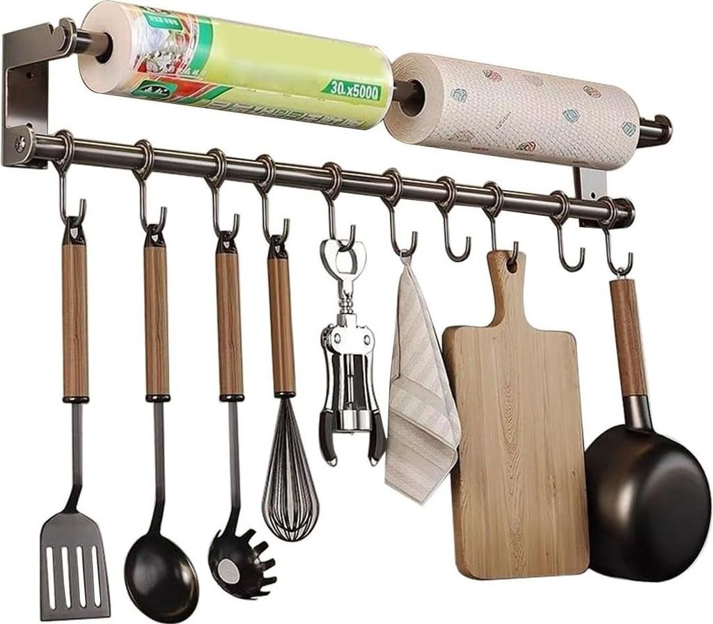 Selbstklebende Küchenleiste mit Küchenrollenhalter und verstellbaren Haken zur Küchenorganisation, Grau, 60 cm