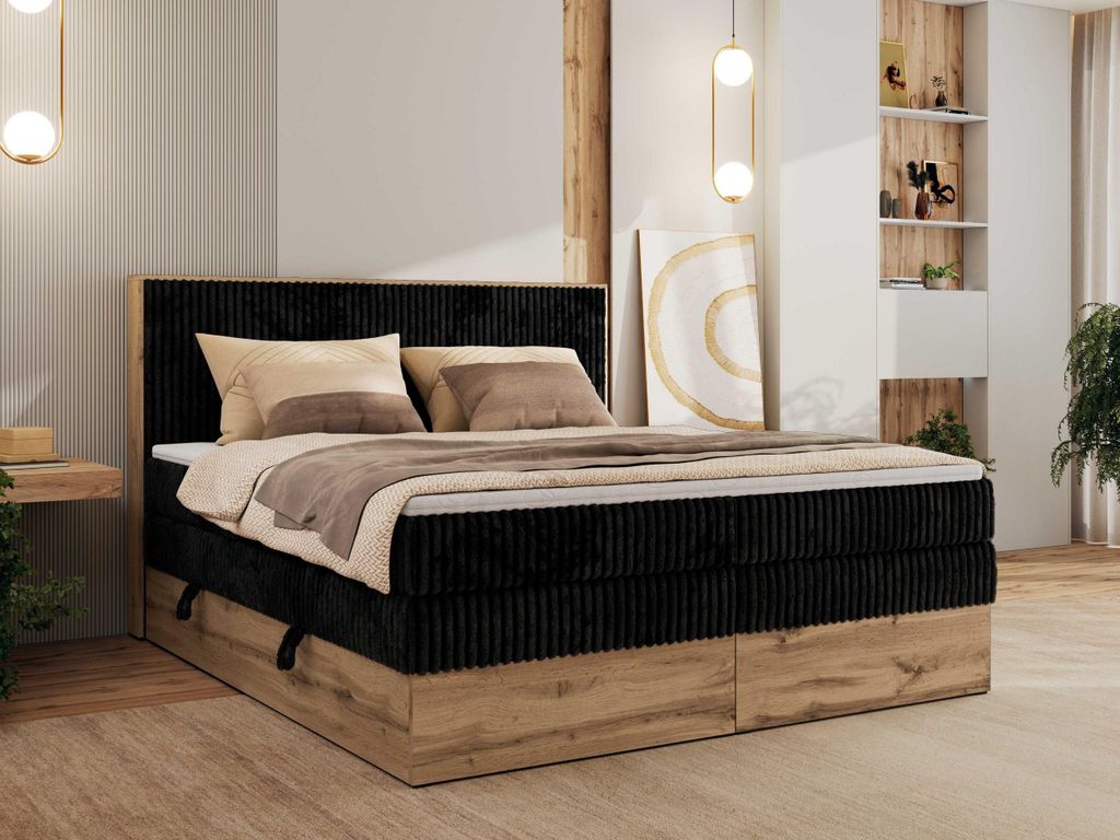 MKS MEBLE Boxspringbett WOOD CLASSIC KING, Doppelbett mit zwei Multipocket-Matratze und Topper T25, hohe Kopfteil, Stauraum - 180 x 200 cm - H4 - S...