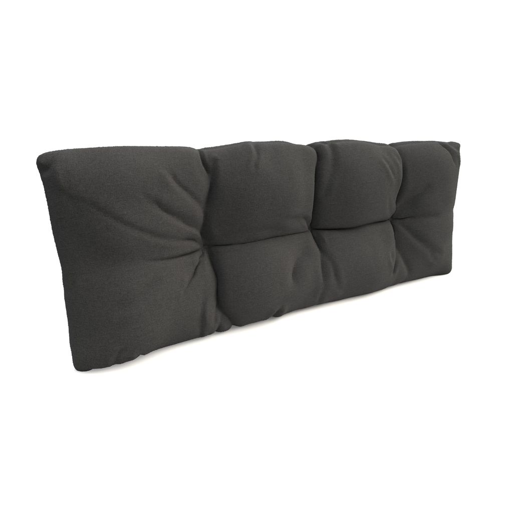 A dark gray tufted cushion is shown against a white background.