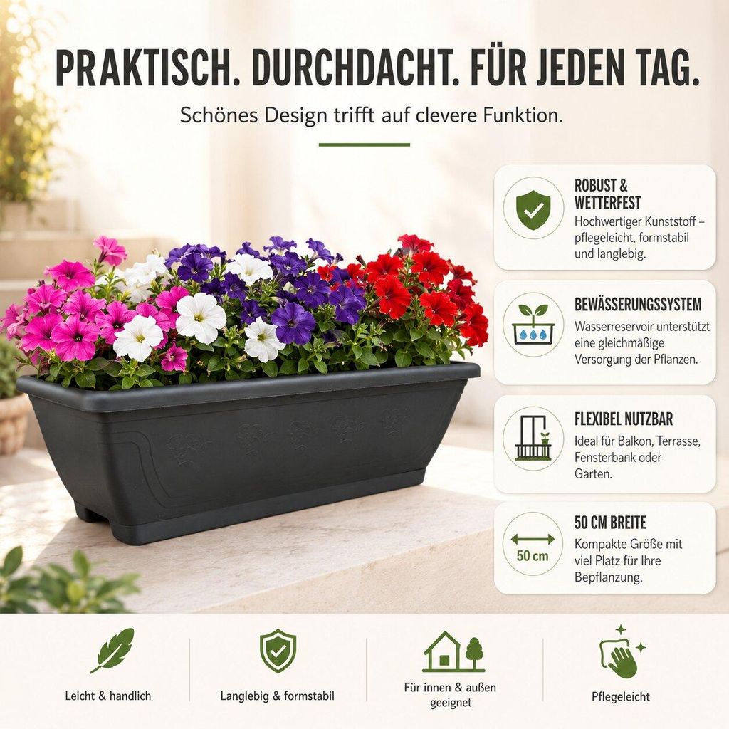 BigDean 1x Blumenkasten mit abnehmbarem Untersetzer - Anthrazit 50 cm lang aus bruchsicherem Kunststoff