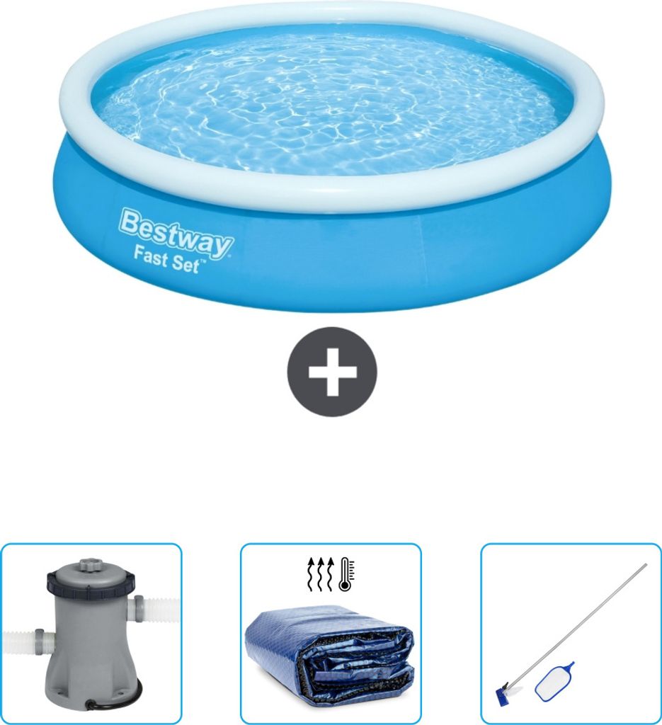 Bestway runder aufblasbarer Fast-Set-Pool – 366 x 76 cm – Blau – im Lieferumfang enthalten Pumpe - Sonnensegel - Reinigungskit