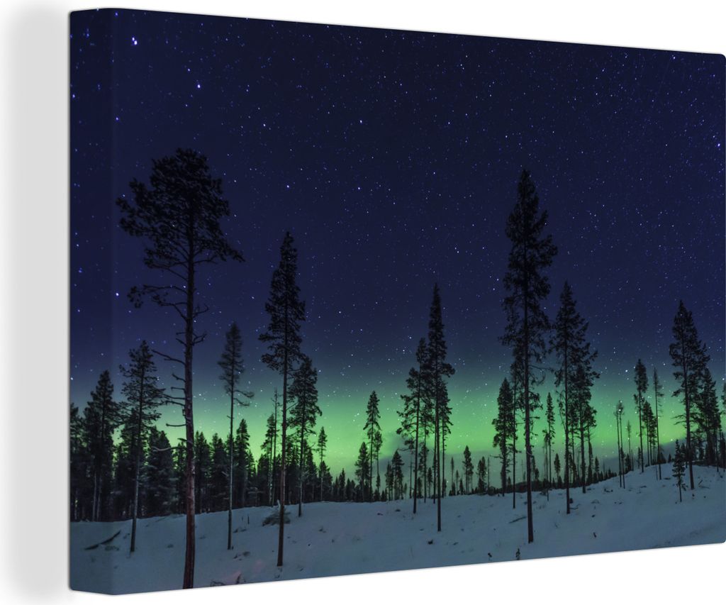 OneMillionCanvasses - Leinwandbilder - 140x90 cm, Nordlicht - Schnee - Bäume - Natur - Grün, Wandbilder Kunstdruck Wanddekoration - Foto auf Le...