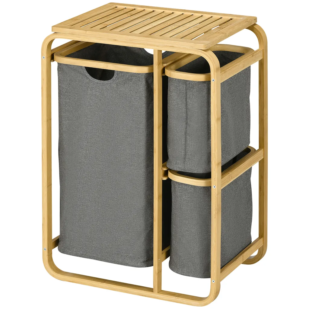 Gagnez de la Place : Panier à Linge Compact en Bambou à 3 Bacs Gris 49L