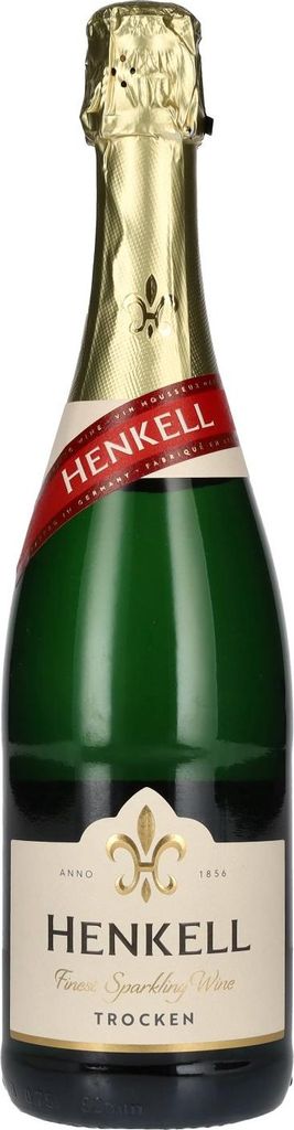 A bottle of Henkell Sekt Trocken sparkling wine against a white background.