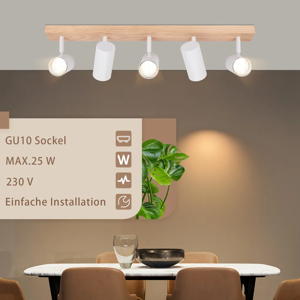 ZMH plafoniera 5 fiamme faretto soffitto legno plafoniera bianca spot soffitto GU10 lampada soggiorno 350° lampada corridoio soffitto faretto corridoio per camera da letto cucina soggiorno senza lampadine - 6