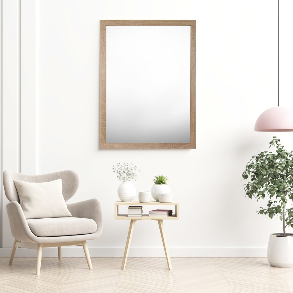 CLAMARO 'Vision' Wandspiegel maßgefertigt | Eiche Sonoma | Moderner eckiger Spiegel mit MDF-Holzrahmen, inkl. Metall, Größe:55x60