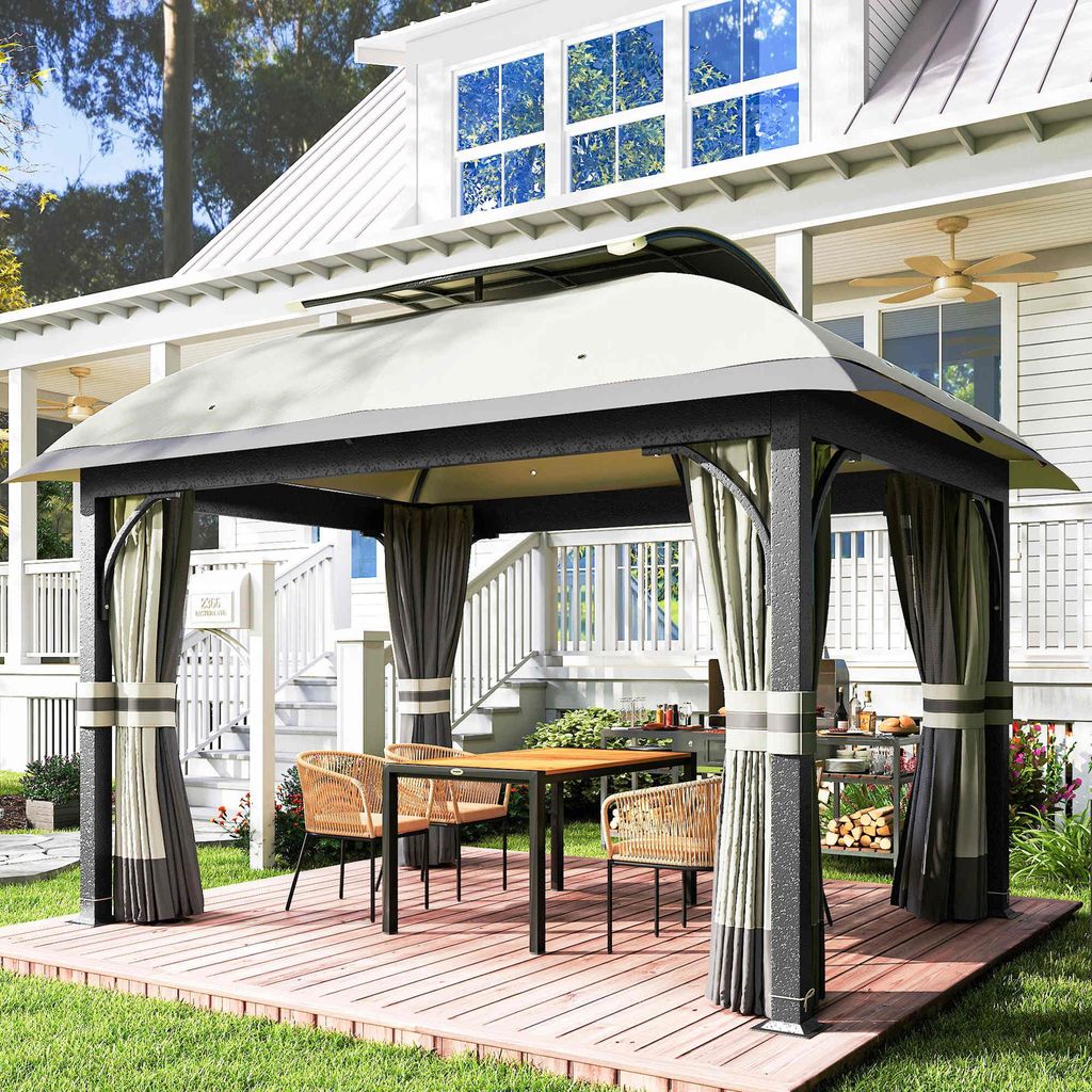 Gartenpavillon 3x4 m, Gartenzelt mit Netz-Vorhängen, Gazebo zweistöckiges Bogendach, Hellgrau | 395x330x294 cm | UV20+ | 6x6 cm Metallsäulen