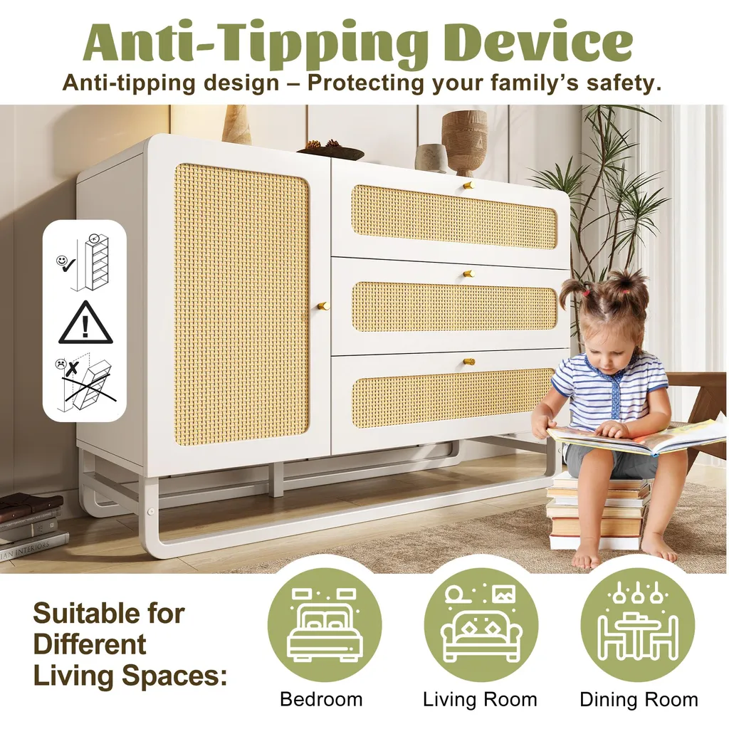Commode 3 tiroirs en rotin blanc 120 cm avec compartiment modulable - 8