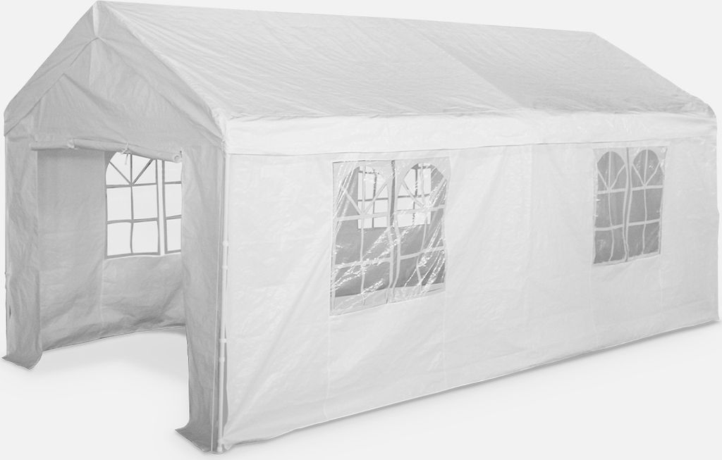 A white party tent with windows.