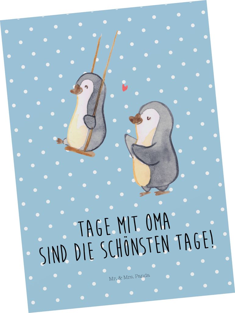 Mr. & Mrs. Panda Postkarte Pinguin Oma schaukeln - Blau Pastell - Geschenk, Muttertag, Fotokarte, für, Ansichtskarten, Ansichtskarte, Omi, Postkar...