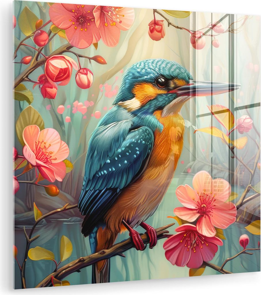 MuchoWow Glasbilder - Bilder auf Wandbild - Foto auf Glas Eisvogel - Blüte - Natur - Vögel - Blumen 50x50 cm Wanddekoration aus Glas - Acrylglasb...