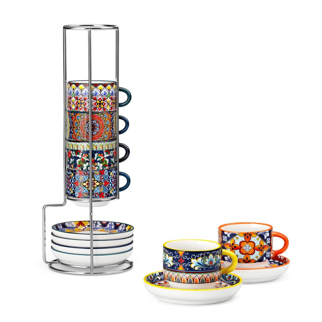 VANCASSO 4-tlg Tassen Set, Porzellan Espresso-Set, Kaffeetasse mit Unterteller, Metallständer, 90ml, Boho-Stil