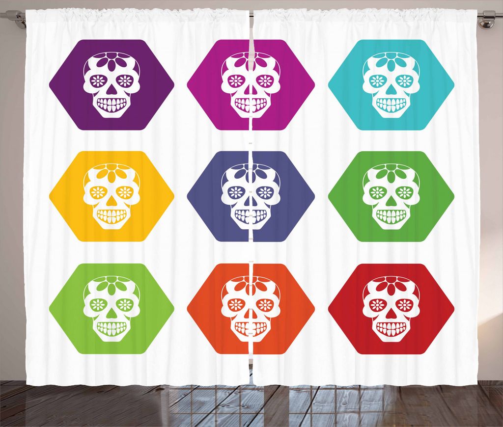 ABAKUHAUS Zuckerschädel Rustikaler Gardine, Hexagon Fliesen Schädel, Schlafzimmer Kräuselband Vorhang mit Schlaufen und Haken, 280 x 225 cm, Meh...