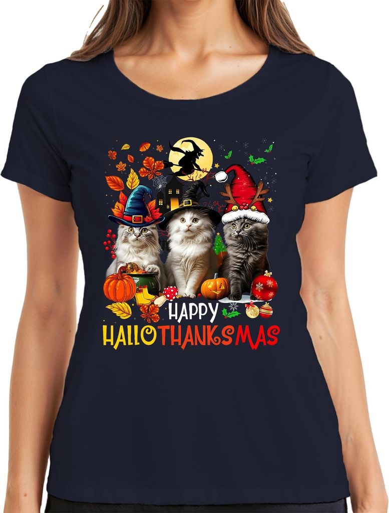 Happy Hallothanksmas Katzen Kürbis Hexenhut Weihnachten Geschenk Damen T-Shirt, Navy, M