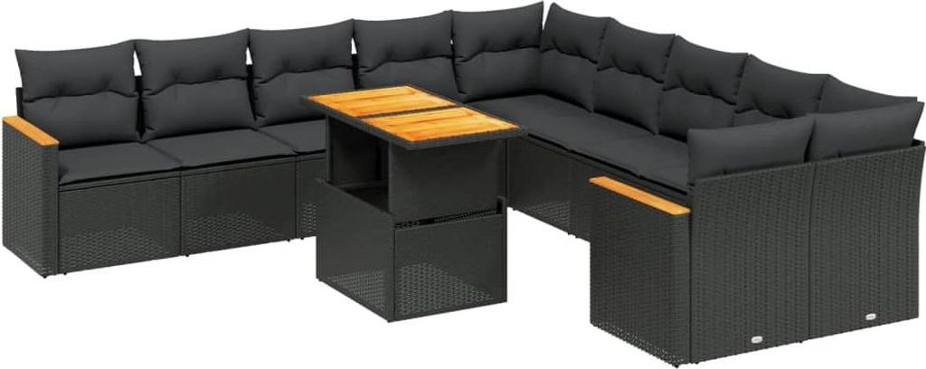 vidaXL 11-tlg. Garten-Sofagarnitur mit Kissen Schwarz Poly Rattan