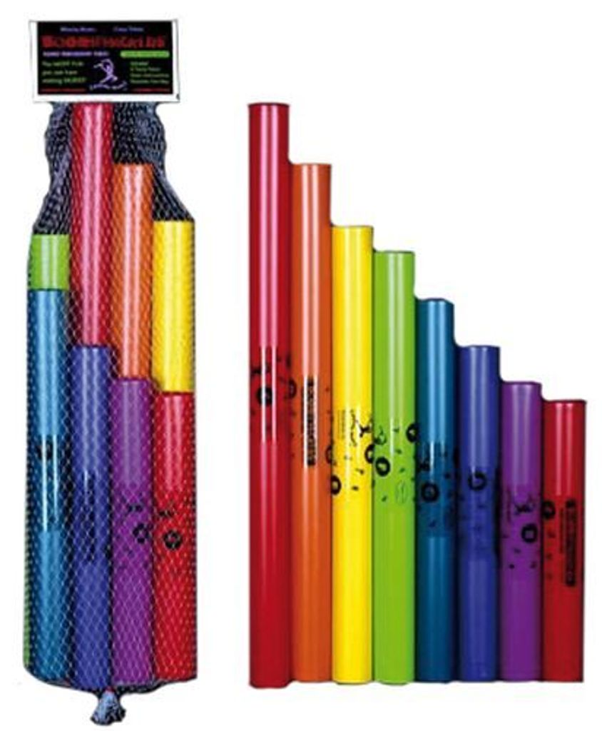 A set of colored tubes arranged in a descending order of height, with another set of the same tubes in a net bag.