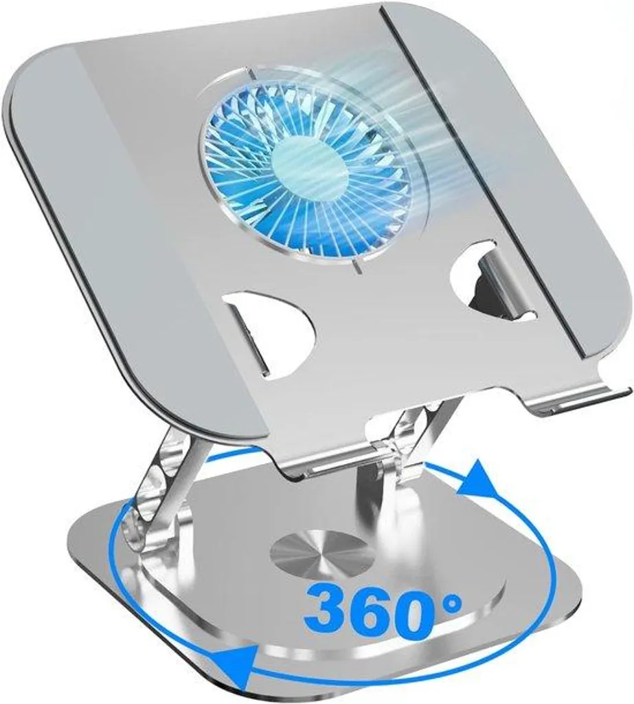 Support ordinateur portable aluminium avec ventilateur rotatif 360° Argent