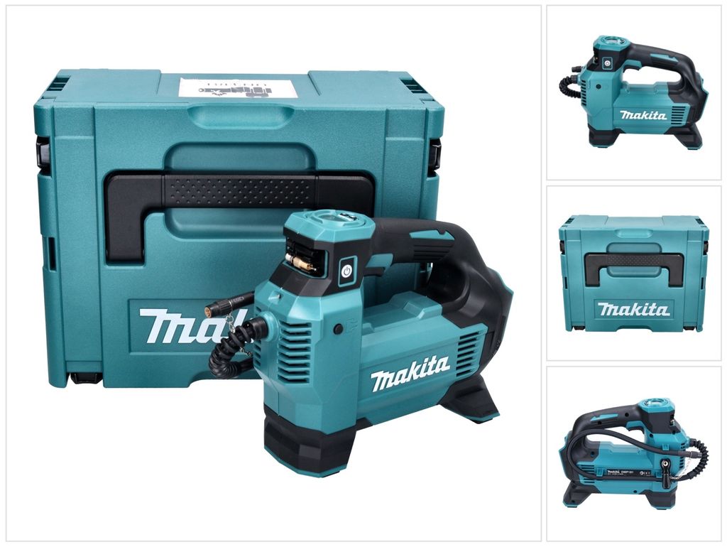 A collage of images showing a Makita Akku Kompressor and its storage case.