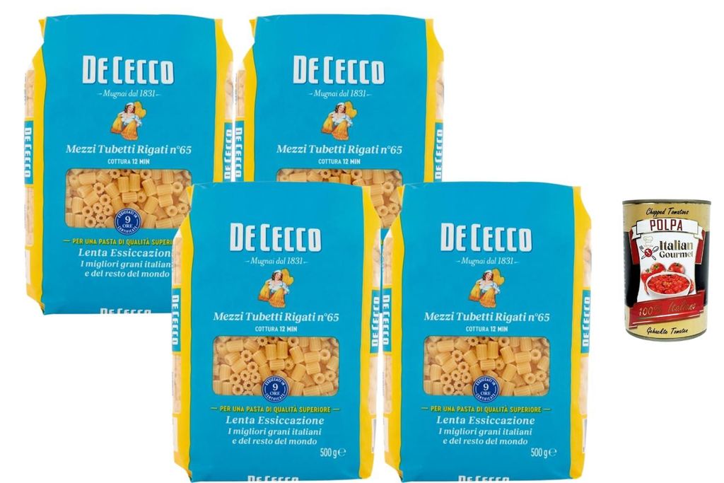 Italian Gourmet De cecco Mezzi Tubetti Rigati N°65 4×500 g italienische Pasta aus Hartweizengrieß kurze Röhrennudeln, ideal für Minestrone Sup...
