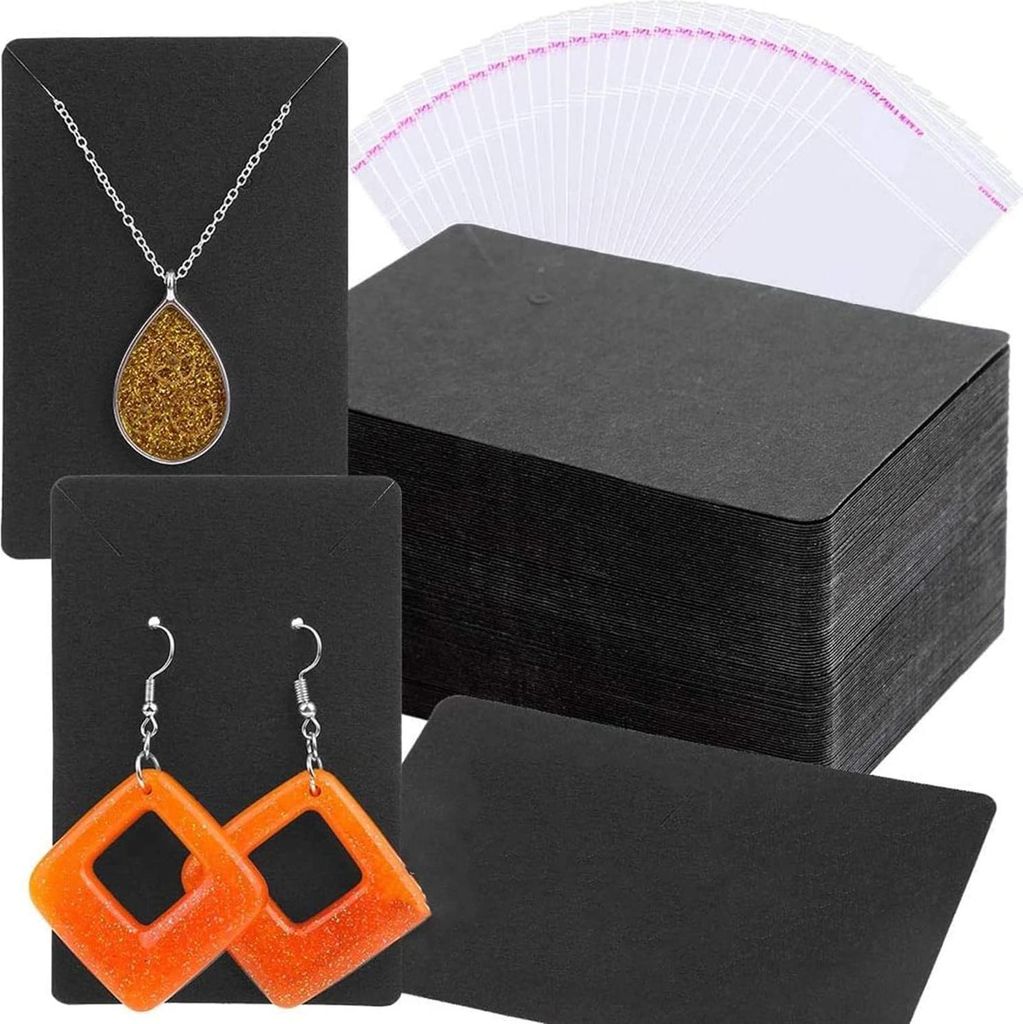 50 Stück Schmuckständer mit 100 selbstklebenden Taschen aus Kraftpapierkarten zum Aufhängen von Warenkarten (aus Papier/6 x 9 cm)