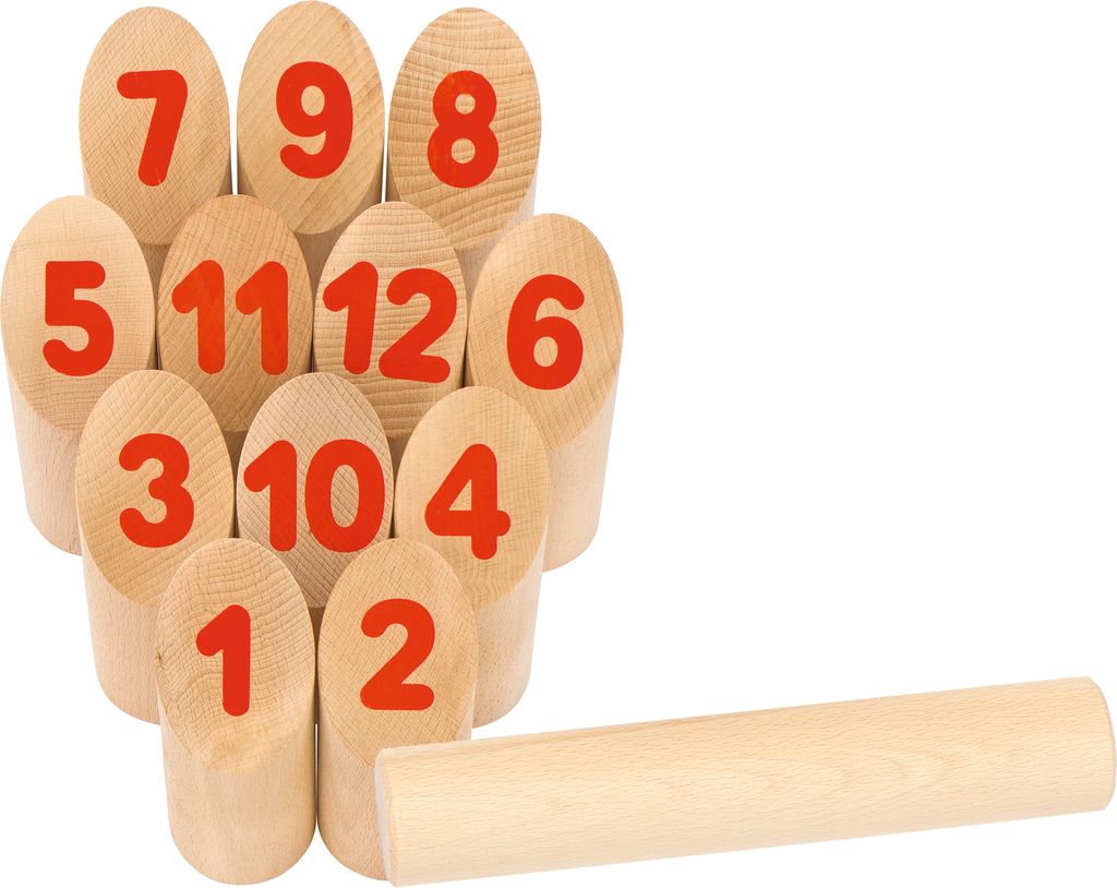 goki 56853 Wikingerspiel Number Kubb, im Baumwollbeutel, natur/rot