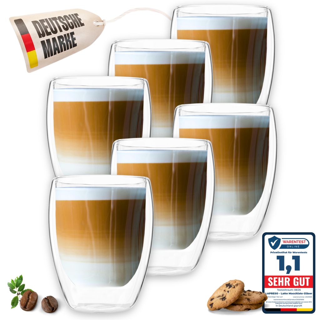 LAPRESO Latte Macchiato Gläser doppelwandig 6er Set 350ml - Doppelwandige Gläser modernes Design Cappuccino Tassen Teegläser aus Borosilikatglas