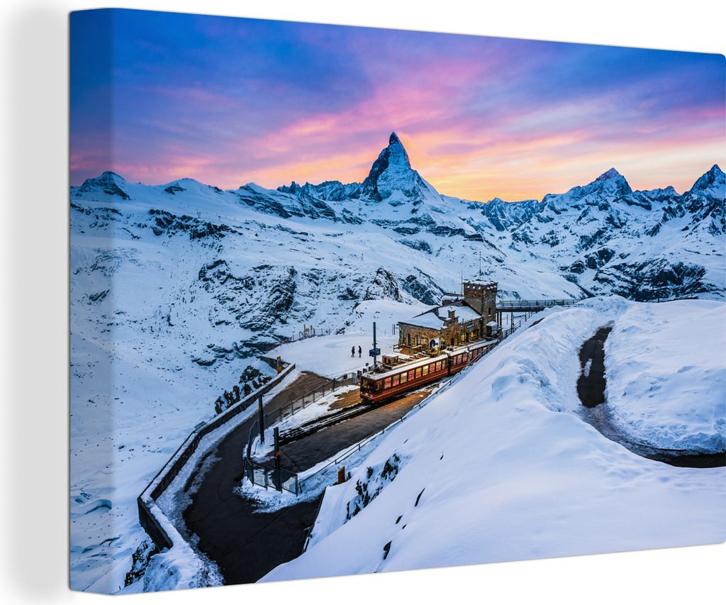 OneMillionCanvasses - Leinwandbilder - 140x90 cm, Dämmerung am Schweizer Matterhorn bei der Gornergratbahn, Wandbilder Kunstdruck Wanddekoration...